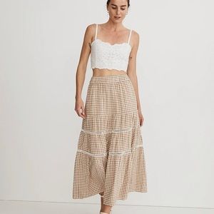 Linen-Blend Eyelet-Trim Tiered Maxi Skirt